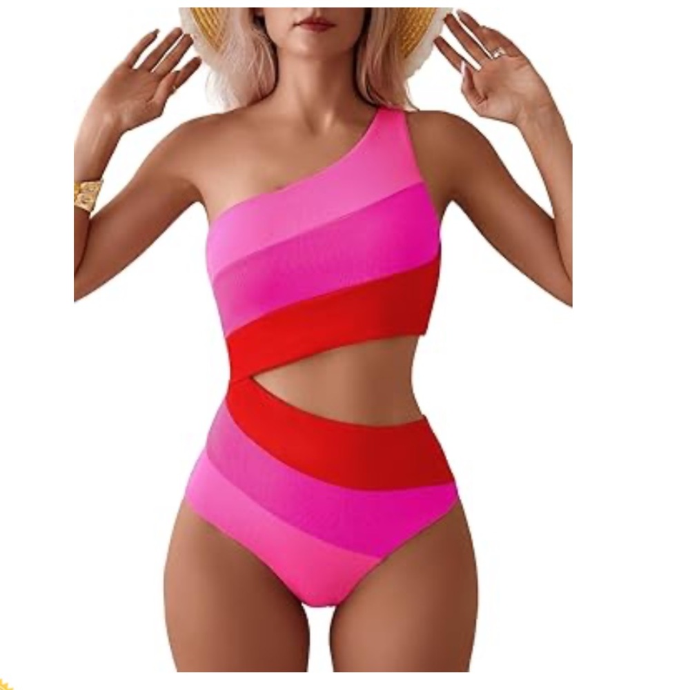 TASHEHE One Shoulder Sexy Neon Color Block Bathing Suit Full Coverage Cutout